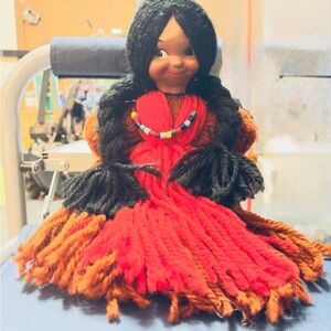 Handcrafted Doll with Red Dress and Beaded Necklace